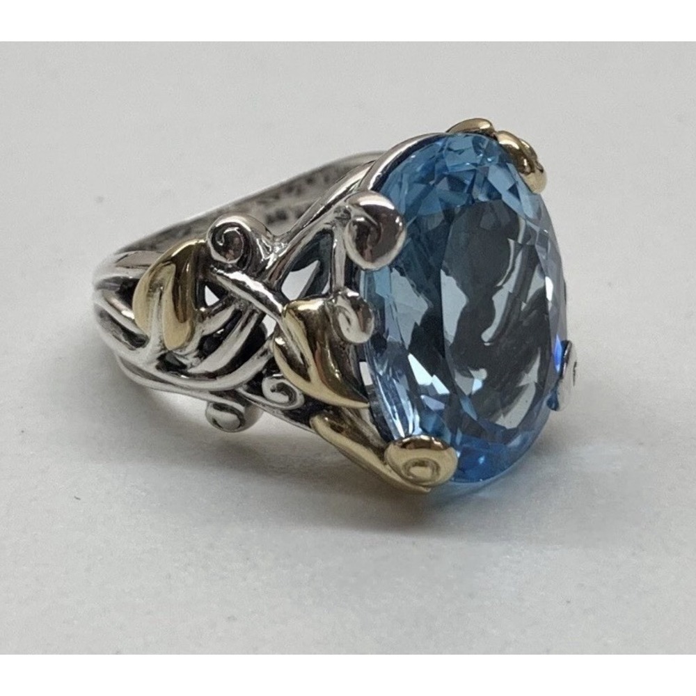 Barbara Bixby 18K Gold & Sterling Silver Blue Topaz Vine Leaf Ring Size 7 - Picture 1 of 15